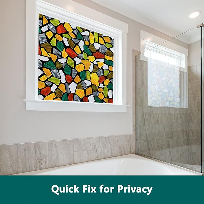 Volcanics Decorative Stained Glass Window Privacy Film with Installation Tools– Static Cling Privacy Sticker for Home & Church, Non-Adhesive, Anti-UV & Heat Blocking, 17.5 x 78.7 Inches