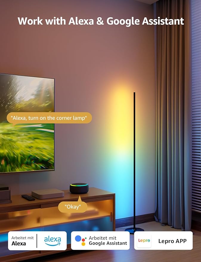Lepro OE1 AI Floor Lamps for Living Room, Smart LED Corner Lamp with RGBW Color Changing, Alexa Compatible, AI Generated 4.0, Music Sync, Modern Standing Lights for Bedroom, No Remote, 2.4G WiFi Only