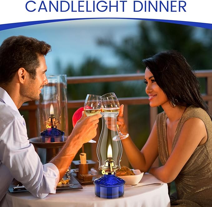 Tuanse 2 Pcs Oil Lamps for Indoor Use Vintage Hurricane Emergency Glass Oil Lamps Large Lantern Classic Decorative Oil Lamp for Home Tabletop Emergency Lighting Supplies(Royal Blue)