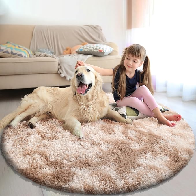 Tie-Dyed Beige Fluffy Round Rug,Soft Area Rugs for Girls Room,Shaggy Rugs 3'X3' for Living Room,Non Slip Circle Rug for Kids Bedroom,Shag Plush Nursery Carpets,Fuzzy Rug for Dorm,Room Decor Carpet