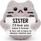 Positive Crochet Cat Emotional Inspirational Support Birthday Gifts for Sister,Handmade Knitted Cat for Women Coworker Friend Student Birthday Christmas Support Small Gifts