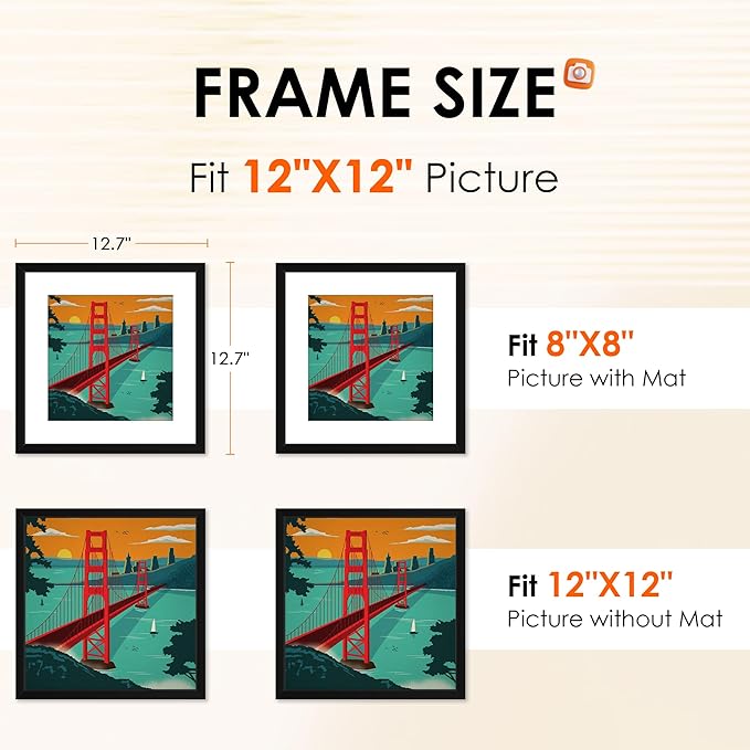 FIXSMITH 12x12 Picture Frame Set of 4, Photo Frame with HD Plexiglass, Display Pictures 8x8 with Mat or 12x12 Without Mat, Black Picture Frames Collage Wall Decor, Gallary Wall Frame