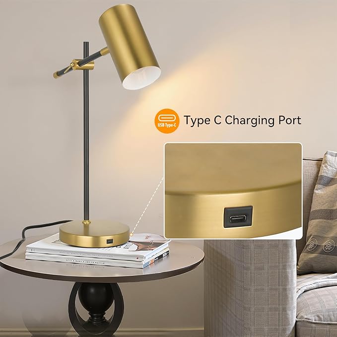 Modern Black and Gold Desk Lamp, Minimalist Industrial Table Lamp with Swing Arm, Gold and Black, for Study Room Home Office Bedroom Bedside Nightstand