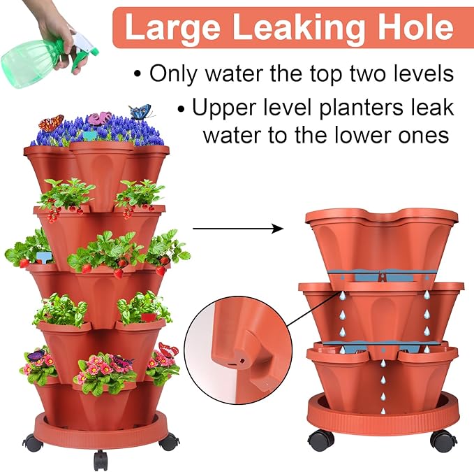 Vertical Planter, 5 Tier Stackable Strawberry Planter with Garden Tool Set, Movable Indoor/Outdoor Garden Herb Pot for Growing Vegetables and Succulents, Red