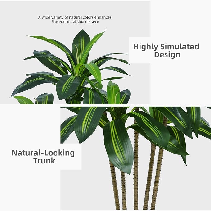 Artificial Dracaena Plant Indoor 5FT - Fake Tree with White Tall Planter - Faux Yucca Tall Fake Floor Plant in Pot - Artificial Trees for Home Office Living Room Decor Indoor
