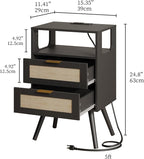 Rattan Nightstand with Charging Station,Farmhouse Bedside Table with 2 Storage Drawer and Open Wood Shelf, for Bedroom and Small Spaces,Night Stand with Solid Wood Legs (Black-Outlet)