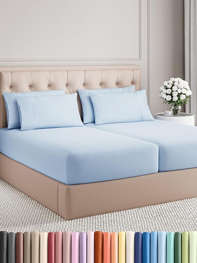 Split King Sheets Set 7 Piece - Includes 4 Pillowcases - Bed Sheets Split King - Soft Hotel Luxury Bedding - Cooling, Comfy & Breathable - 1 Flat & 2 Fitted & 4 Pillowcases w/ Deep Pockets - Sky Blue