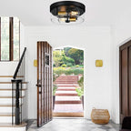 Flush Mount Ceiling Light Fixtures, 2-Light Black and Gold Ceiling Mount for Farmhouse with Seeded Glass Lampshade, Industrial Flush Mount Light Fixture for Hallway, Kitchen, Entryway and Foyer