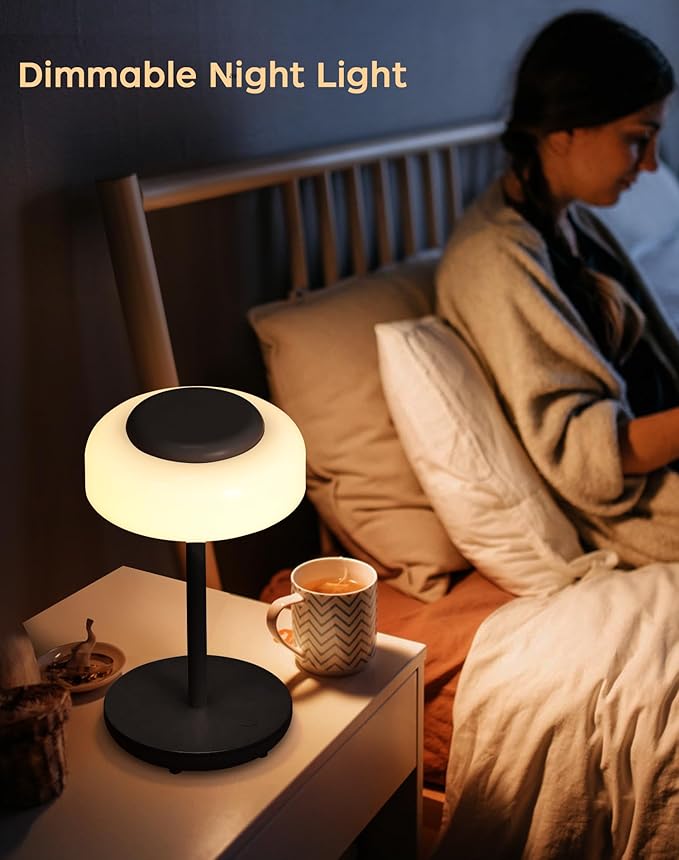 QiMH Battery Operated LED Table Lamp, 5000mAh Rechargeable Cordless Lamp, Stepless Dimmable Touch Control, Small Waterproof Desk Night Light for Living Room, Bedroom, Outdoor Bar (Black)