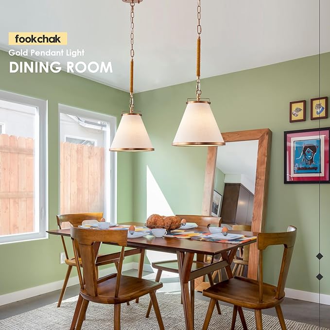 3-Pack Vintage Brass Kitchen Pendant Lighting Over Island White Linen Pendant Light 10in Copper Pendant Lighting with Hemp Rope Rod Entryway Ceiling Hanging Light for Dining Room