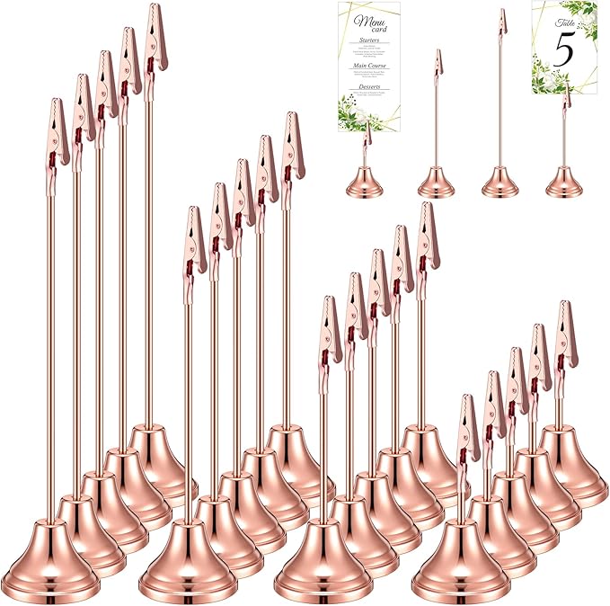 20 Pcs Table Number Holders 4/6/8/10 Inch Metal Place Card Holders with Alligator Clip Heavy Base Wedding Table Number Stand Picture Photo Clip for Banquet Party Birthday Restaurant(Rose Gold)