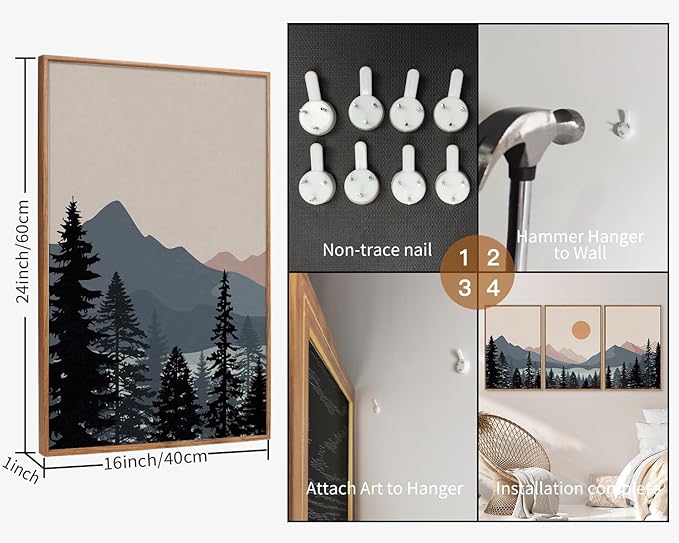 Tinonedraw Boho Mountain Framed Canvas Wall Art Set of 3, Watercolor Nature Landscape Art Prints, Modern Sunrise Art Paintings, Black Pines Tree Forest Wall Decor for Living Room Bedroom Office 16"x24"x3