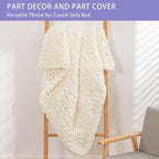 Bigacogo Chunky Knit Throw Blanket for Couch, 40x60 inches, 100% Hand Knitted with Thick Jumbo Chenille Yarn, Cozy Soft Large Rope Knot Cable Crochet Blankets for Sofa Bed Living Room, Ivory