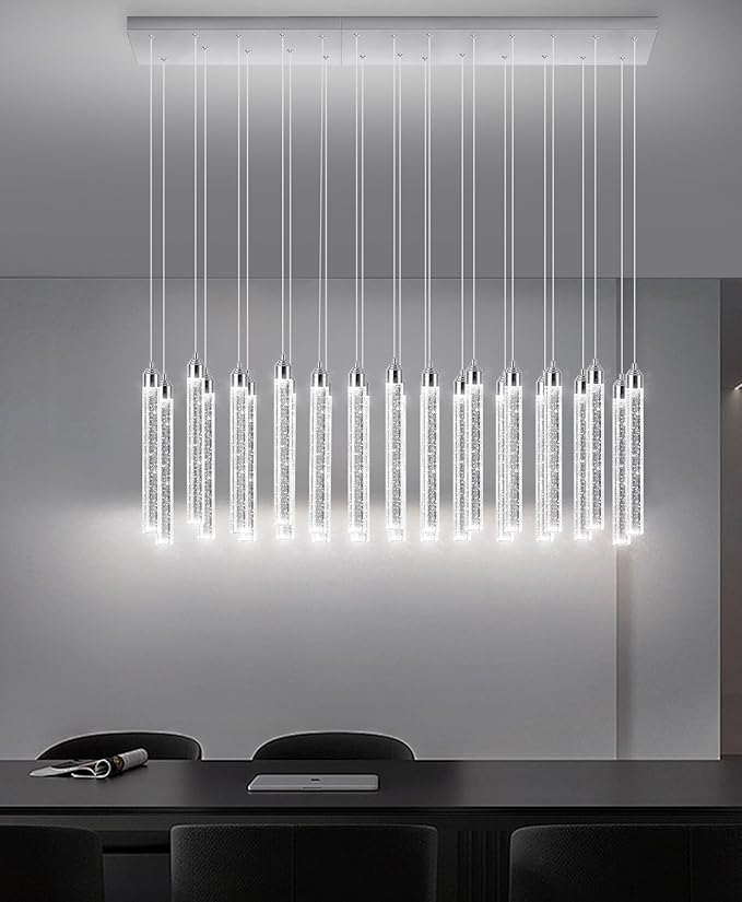 Rectangular Chandeliers 26-Lights Long Light for Entryway LED Dimmable Chandeliers Lighting Fixture Flat Sloped High Ceiling Pendant Lights Crystal for Living Room Foyer Hallway Staircase Silver
