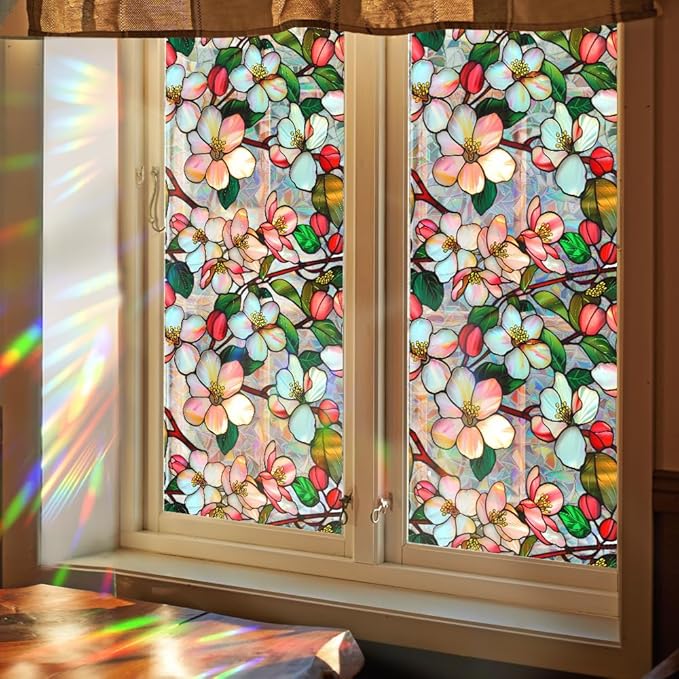 Window Film, Decorative Colorful Flower Stained Static Glass Window Clings Stickers for Home Office Living Room Bedroom Glass Windows Door Decor 16.93 x 39.37 Inches