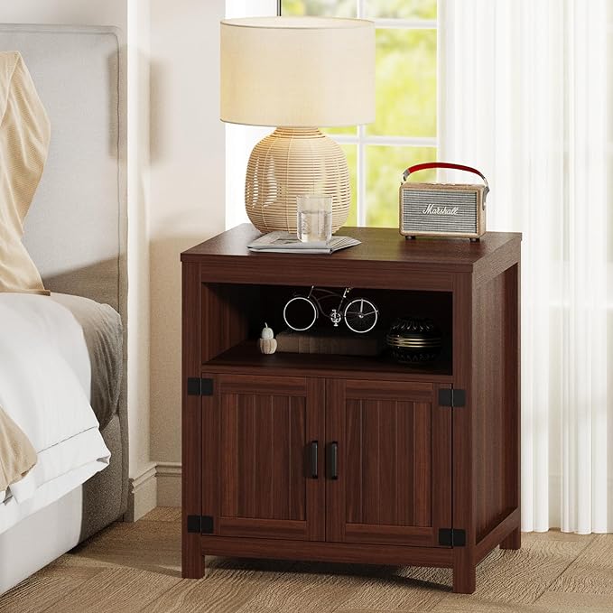 Farmhouse End Table with Charging Station, 24" Large Side Table with Open Shelf and Storage Cabinet, Wood Square Bedside Table Nightstand for Living Room, Bedroom (Espresso)