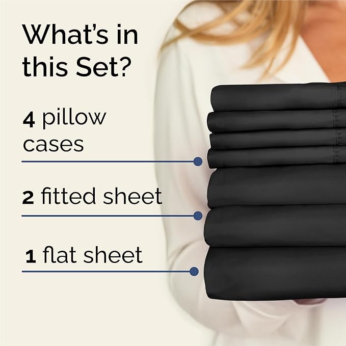 Split King Sheets Set 7 Piece - Includes 4 Pillowcases - Bed Sheets Split King - Soft Hotel Luxury Bedding - Cooling, Comfy & Breathable - 1 Flat & 2 Fitted & 4 Pillowcases w/ Deep Pockets - Black