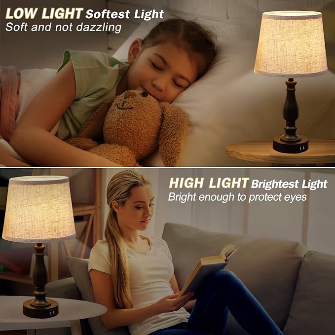 Table Lamps Set of 2, Bedside Nightstand Lamps with USB Charging Ports, 3 Way Dimmable Touch with Linen Fabric Lampshade, Modern Small Lamp for Bedrooms, Living Room (Bulbs Included)