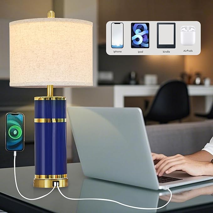Royal Blue & Gold Ceramic Table Lamps (Set of 2) - 28" Luxe Bedside Lights with USB Charging & Rotary Switch, Bulbs Included