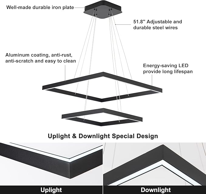 Modern Square LED Chandelier Lighting, Square LED Pendant Ceiling Light Fixture, Dimmable Contemporary Chandelier for Living Dining Room, Bedroom