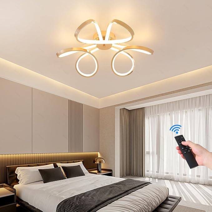 Q&S Modern Dining Room Light Fixture,Kitchen Led Ceiling Light,Dimmable Gold Flush Mount Ceiling Light Fixture for Bedroom with Remote,Led Chandelier for Living Room Hallway 3-Color Change
