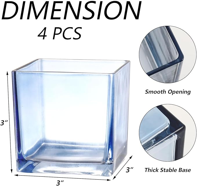 Square Flower Vases Set of 4, 3"x 3"x 3" Glass Vases for Centerpieces, Blue Vase for Flowers, Small Vase for Wedding, Party, Home Office Decoration