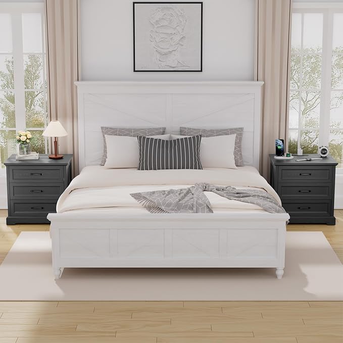 HOMMPA 24'' Farmhouse Nightstand with Charging Station, Bedside Tables with Storage, Side Table with USB Port, 3 Drawers End Table Dresser, Wood Night Stand for Bedroom, Living Room, Black