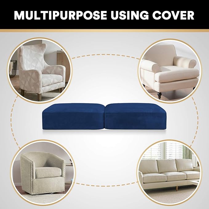 PrinceDeco Velvet Couch Cushion Cover Stretch Cushion Slipcover for Chair Loveseat Sofa Furniture Protector Seat Cushion Sofa Cover (Each Width Up to 29.5", Navy)