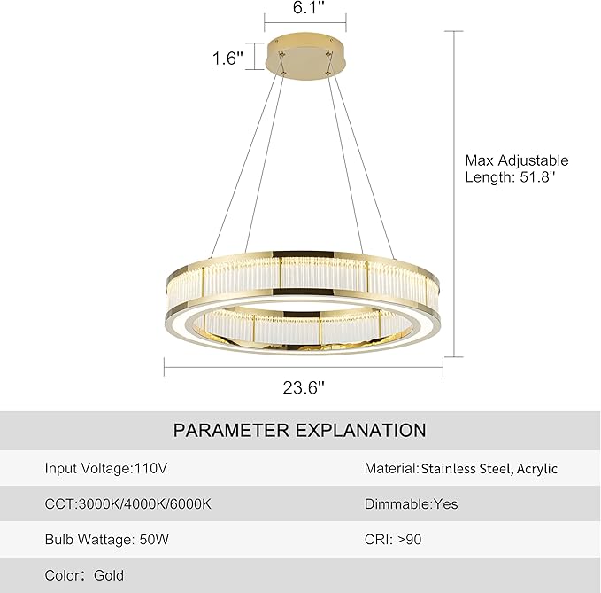 Modern Gold Led Pendant Light,50W Dimmable LED Chandelier Lighting Fixture, 1 Ring Circular Hanging Led Pendant Lighting for Living Room Dining Room Kitchen Island Foyer Office