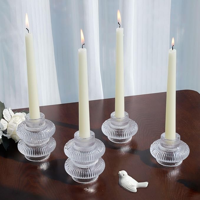 VOHO Vintage Candlestick Holders Set of 6, Dual Sided Candle Sticks Holder Decor for Taper Candles/Tea Lights Candles, Ribbed Candle Holder for Dining Table Centerpiece, Wedding/Christmas Decor(Clear)
