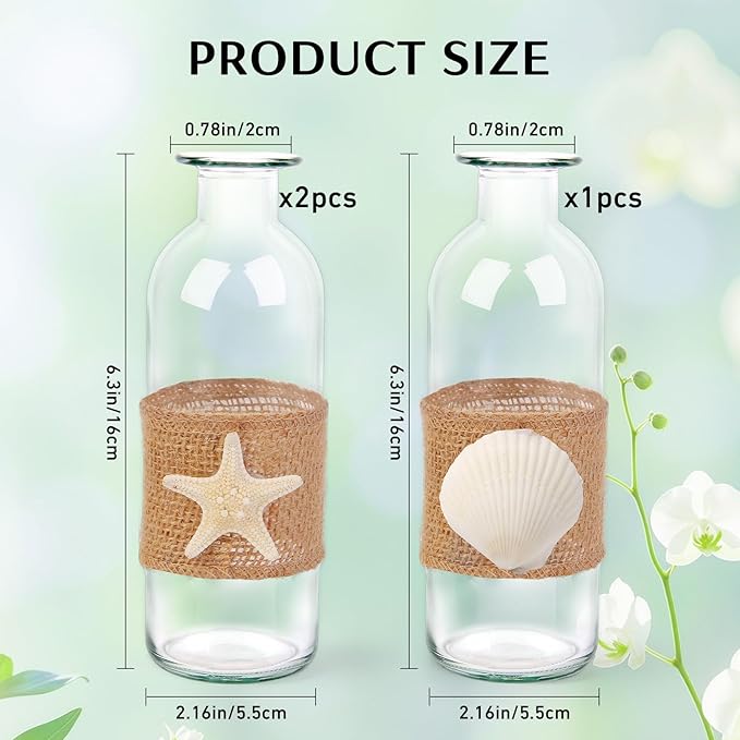 Shell Vase Set of 3 Coastal Vase,Small Starfish Seashell Flower Glass Vases Handcrafted for Beachy Decor,Beach Wedding/Party Beach Home Decor (Clear)