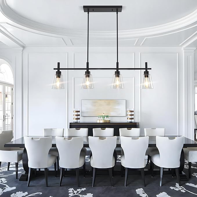 Black Kitchen Island Lighting Linear Chandeliers with Glass Shades Hanging Farmhouse Pendant Light Fixtures for Dining Room, 4 Lights