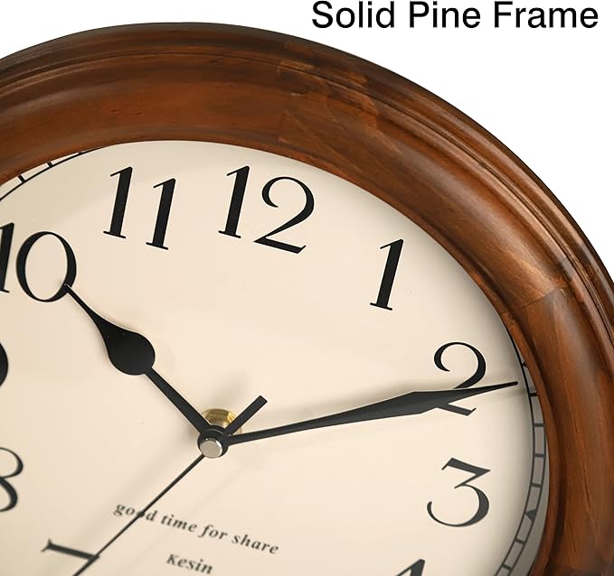 Wooden Wall Clock with Retro Design, 11 Inches Round Wall Clocks Battery Operated Silent Non-Ticking, Big Arabic Numerals, for Kitchen Living Room Classroom Gym and Pool, Brown