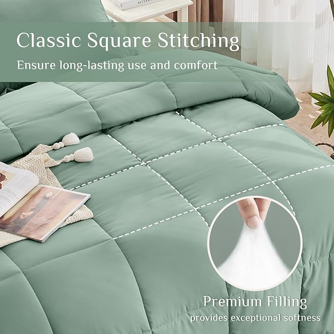 JOLLYVOGUE Full Comforter Set, Ultra-Soft Bed in a Bag Full Size 7 Pieces, Oeko-TEX Certified Bedding Set with Down Alternative Comforter, Sheets, Pillowcases & Shams, Sage Green