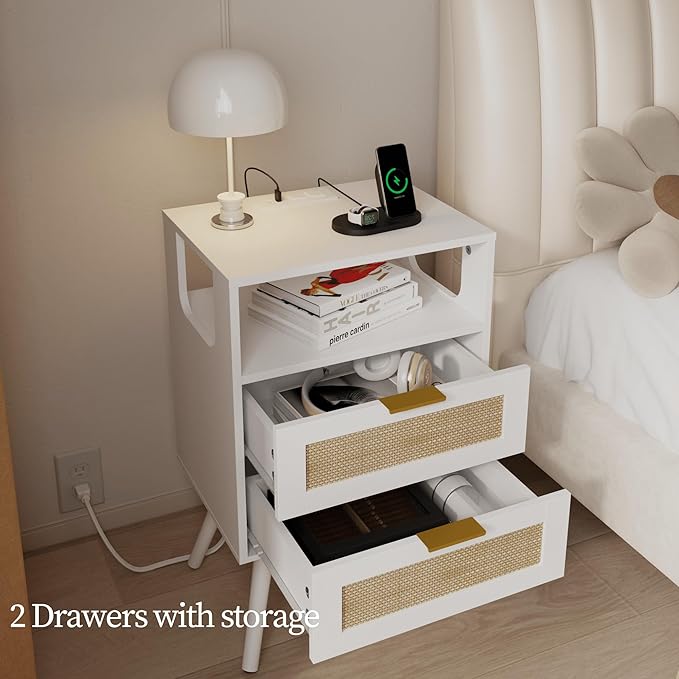 Rattan Nightstand with Charging Station,Farmhouse Bedside Table with 2 Storage Drawer and Open Wood Shelf, for Bedroom and Small Spaces,Night Stand with Solid Wood Legs (White-Outlet)