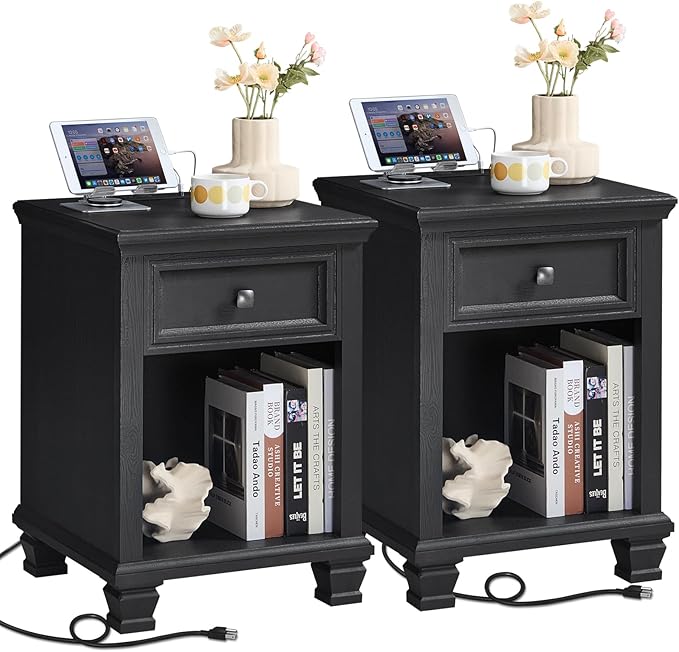 Farmhouse Side Table Set of 2 with Charging Station, Rustic Wood End Table with Drawer, Small Nightstands with Open Shelf for Bedroom, End Tables for Living Room, Black