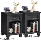 Farmhouse Side Table Set of 2 with Charging Station, Rustic Wood End Table with Drawer, Small Nightstands with Open Shelf for Bedroom, End Tables for Living Room, Black