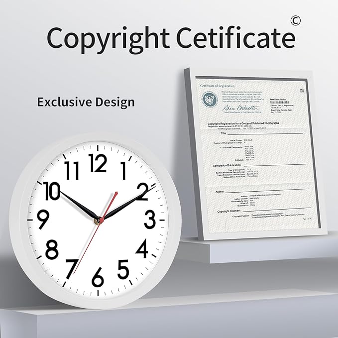 AKCISOT Wall Clock Silent Non Ticking Modern Wall Clocks Battery Operated 10 Inch, Analog Small Classic Clock Decorative for Bedroom, Kitchen, Home Office, Bathroom, School, Living Room (White)