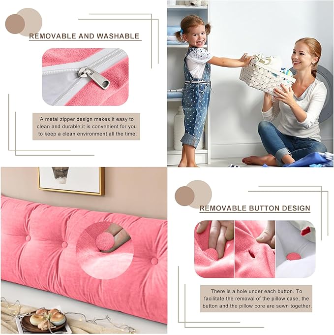 Large Triangular Headboard Pillows Long Backrest Positioning Support Bolster Cushion for Daybed Fluffy Quality Plush Body Wedge Pillow with Removable Cover(Pink -King-76x8x20in)