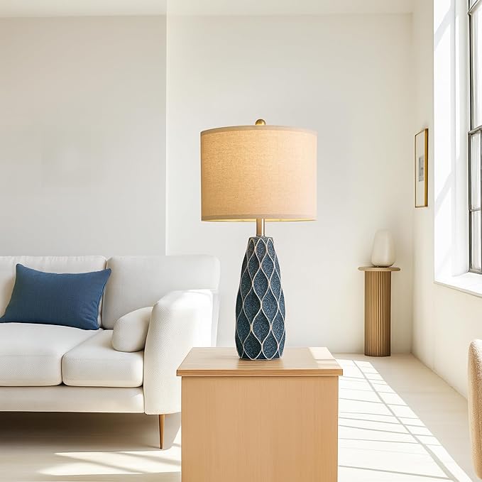 27.5" Ceramic Table Lamps for Living Room Bedroom Lamps Set of 2 Modern Boho Bedside Lamps Night Stands Farmhouse Vintage Large Nightstand Lamp Reading Light Home Office Dorm Desk Deco Gifts, Blue