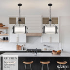 16.3''Black Drum Chandelier 3-Light Modern Farmhouse Chandelier with White Fabric Shade Adjustable Drum Pendant Light Fixture for Dining Room Kitchen Island Hallway Living Bedroom