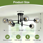 SZXYKEJI 6-Lights Glass Globe Sputnik Chandelier Modern Flush Mount Ceiling Light Fixture Black Farmhouse Lighting for Dining Room Living Room Bedroom Kitchen Passageway.