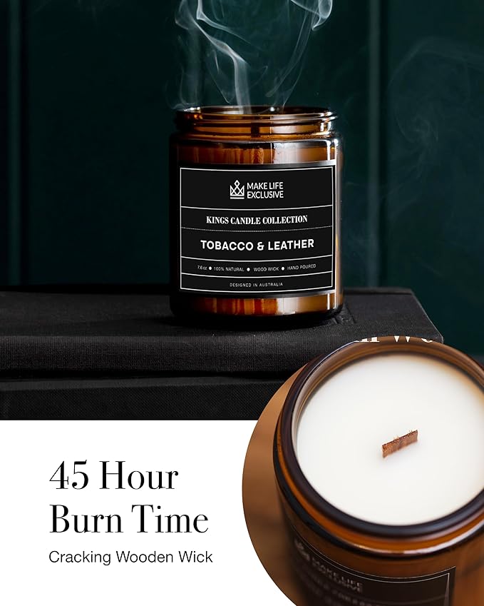 Scented Candles for Men | Tobacco & Leather Scented | Wooden Wick, Long Lasting, Masculine Scents | Natural Soy Jar Candle for Home, Bacehlor Pad Decor | The Perfect Mens Gift