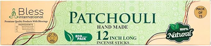 Bless-International-Patchouli 100%-Natural-Handmade-Incense-Sticks Organic-Chemicals-Free-for-Relaxation-Positivity-Yoga-Meditation 12-Inches-1-Hour-Plus-Burning-Time-75-Sticks-7-OZ
