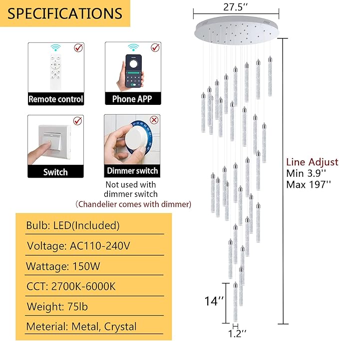 30-Light 197'' High Ceiling Chandeliers Modern Crystal Chandeliers for Entryway Long Spiral LED Dimmable Chandelier Flush Mount Ceiling Staircase Foyer Living Room Sloped ceilings Light Fixture