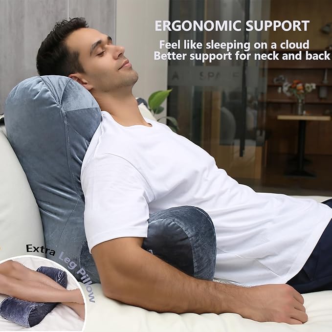 Reading Pillow 31”Wx21”H XL Back Pillow for Bed Sitting Up, Bed Pillow with Shredded Memory Foam Back Pillow for Bed Sitting up Back Support Pillow with Leg Pillow and Pocket for Reading