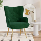 Nalupatio Mid Century Modern Velvet Accent Chair, Tufted Button High Back Chair, Upholstered Wingback Armchair with Metal Legs, High Back Side Chair for Living Room Bedroom, Green
