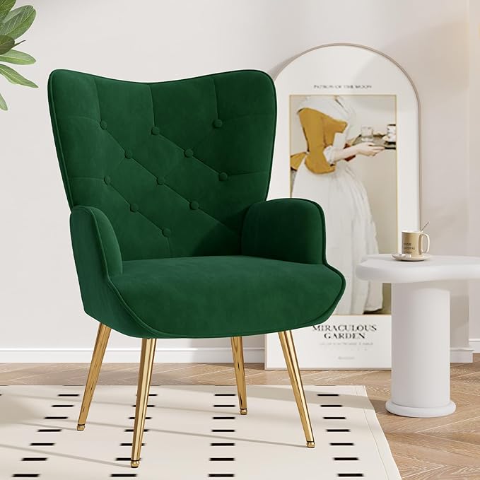 Nalupatio Mid Century Modern Velvet Accent Chair, Tufted Button High Back Chair, Upholstered Wingback Armchair with Metal Legs, High Back Side Chair for Living Room Bedroom, Green