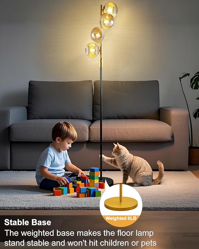 Lightdot 64IN Dimmable Floor Lamp with Glass Globe Shade, Modern Gold &Black Standing Lamps with 4PCS 3000K G9 Bulbs Soft Warm White Eye Care, Mid Century Floor Lamp for Living Room Bedroom