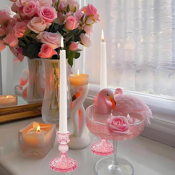 Glass Candlestick Holder,Striped Taper Candle Holders,Set of 6 Candle Stand for Table Centerpieces, Home Decor,Weddings,Festival and Parties (Peach Red Dimond)